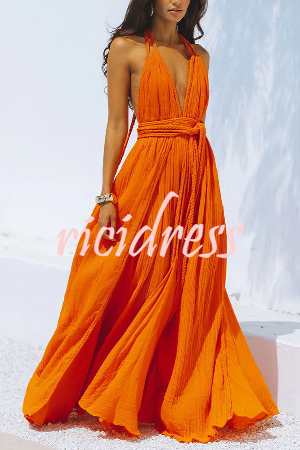 WW Whispers – Drapiertes Maxikleid aus Leinenmischung mit tiefem V-Ausschnitt, Neckholder und rückenfreiem Überzug