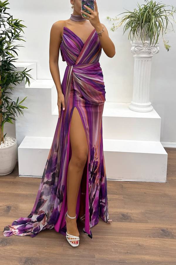 WW | In A Dreamland Chiffon Floral Print Off Shoulder Pleated Scarf Slit Maxi Kleid
