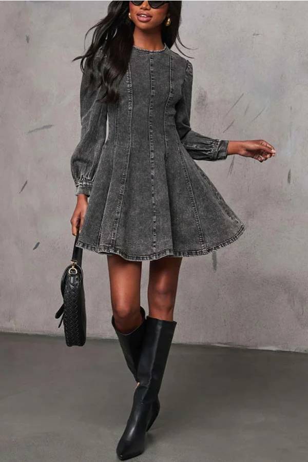 WW | Fade Into You Denim Prinzessinnenlinie Rückenreißverschluss Flare Stretch Mini Kleid