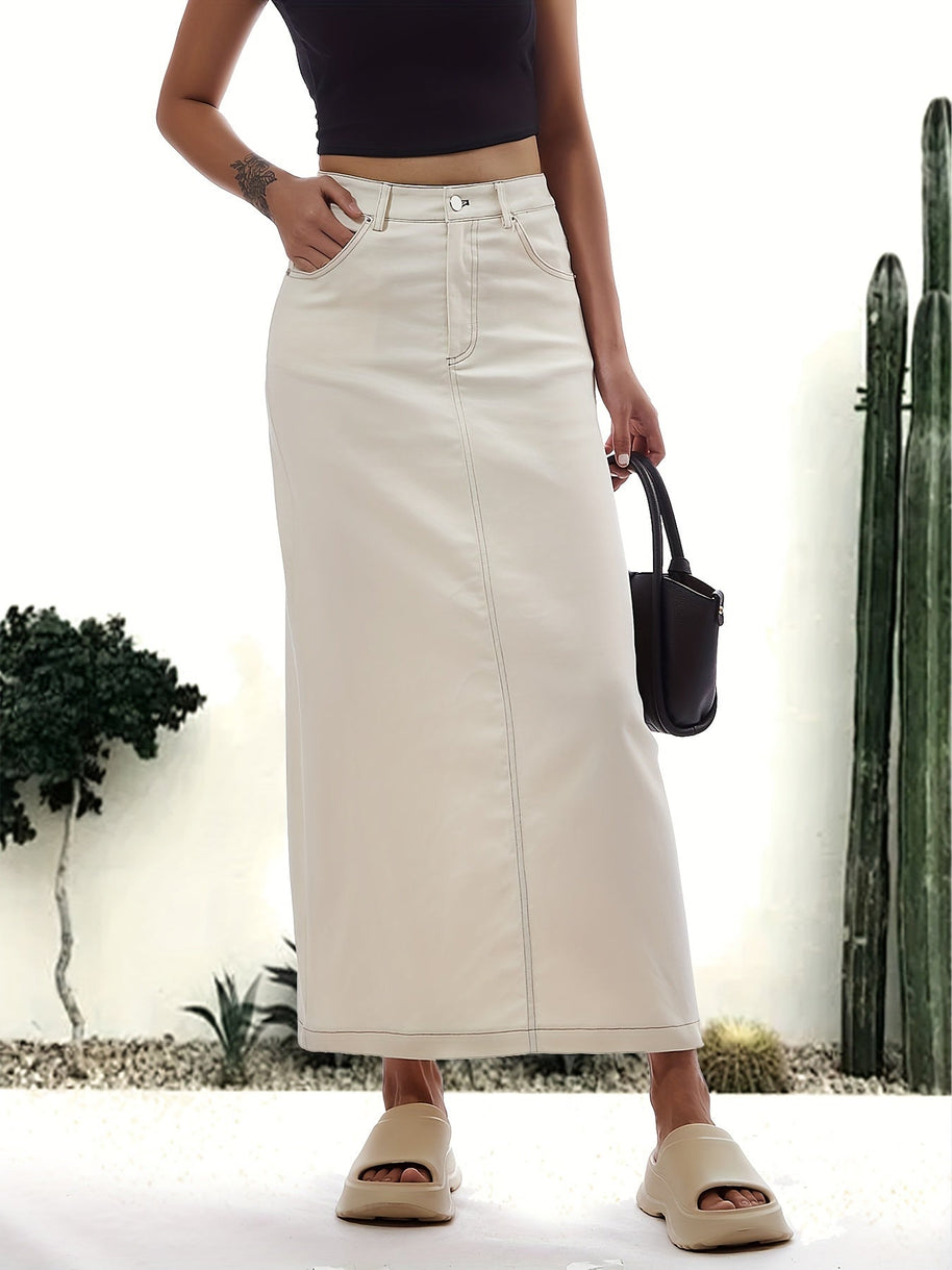 WW | Einfarbiger Weißer Schlitz Hinten Lässig Maxi Denim Rock