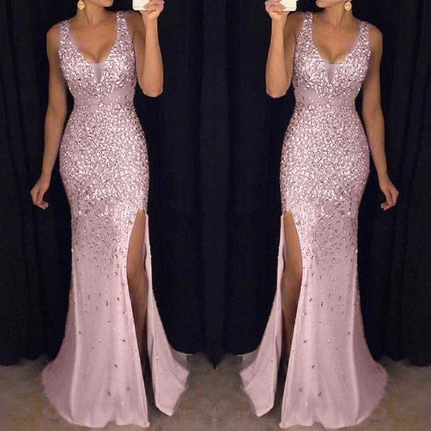 WW | Sling V-Ausschnitt Split Glitzerndes Abendkleid