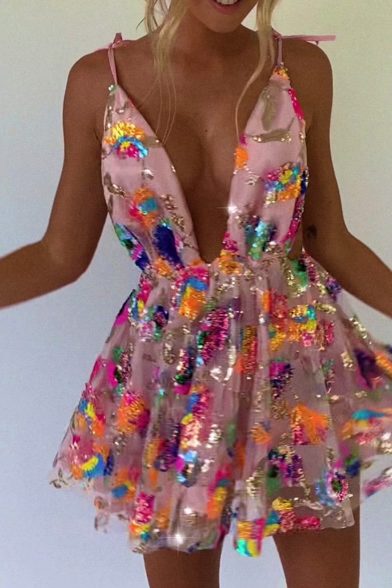 WW | Regenbogen Pailletten Offene Rücken Slip Mini Kleid
