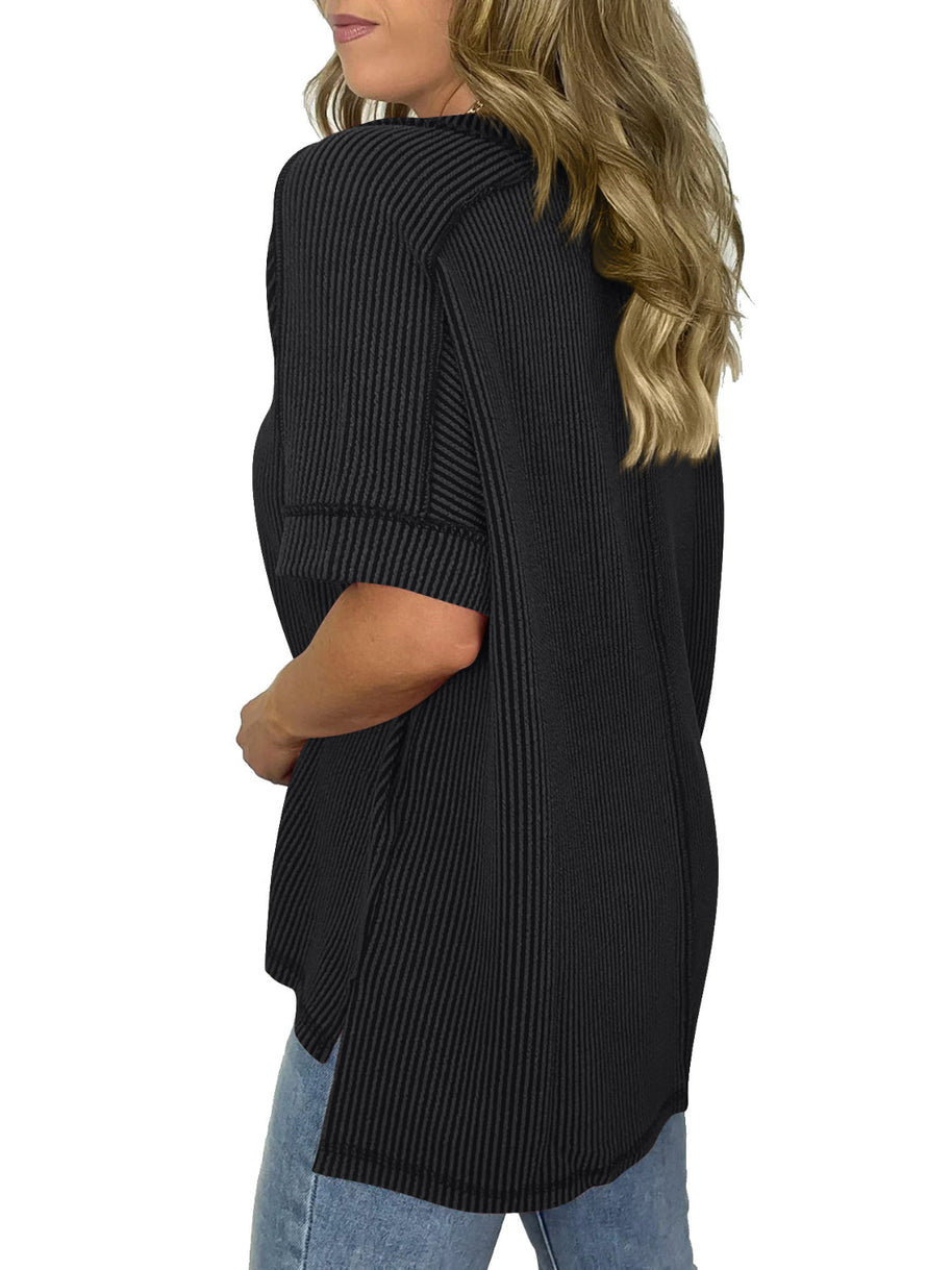 WW | Cord-Ripp V-Ausschnitt Kurzarm T-Shirt