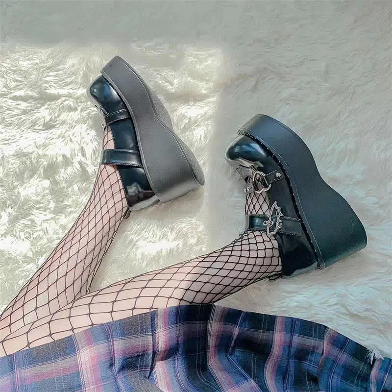 WW | Goth Fledermaus Liebe Herz Schnalle Plattform Lolita Mary Janes Schuhe