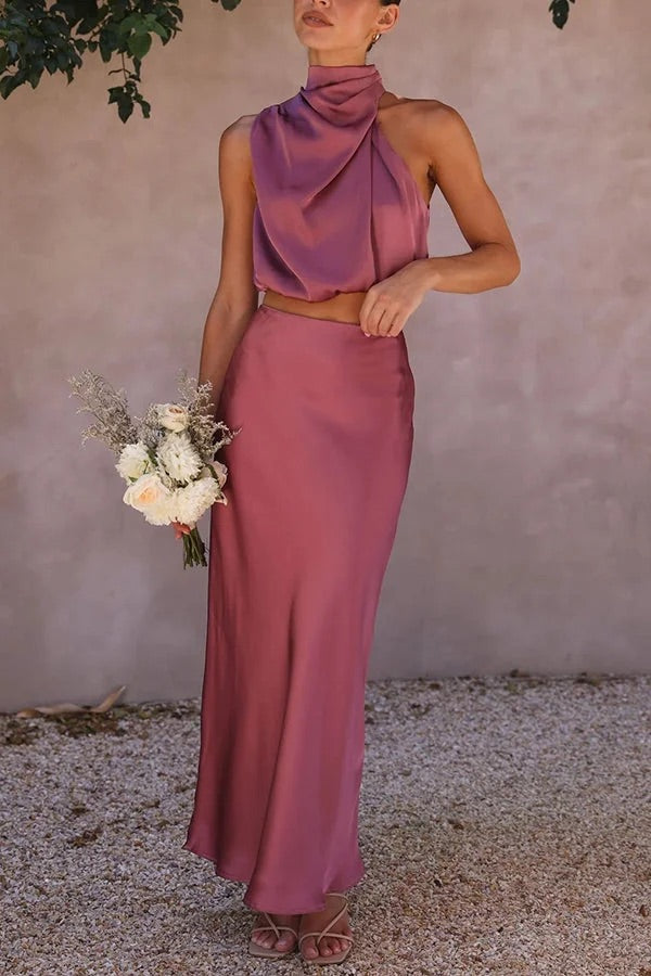 WW | Solch Eine Stimmung Hochgeschlossene Satin Drapiert Maxirock Set