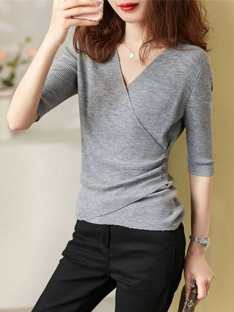 WW | Casual V-Ausschnitt Unifarben Stricktop Grün