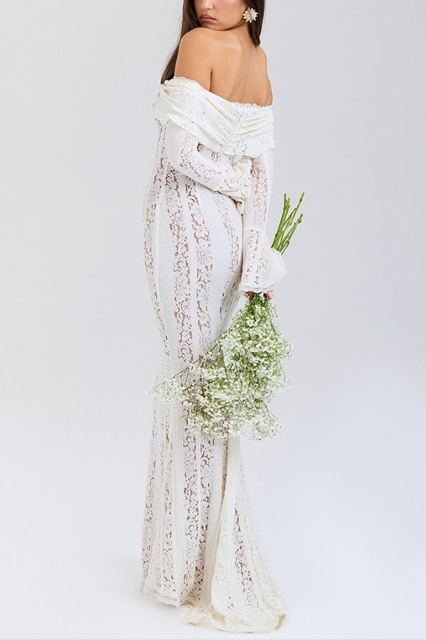 WW | Blumen Spitze Off Shoulder Flare Ärmel Fishtail Maxi Kleider - Weiß