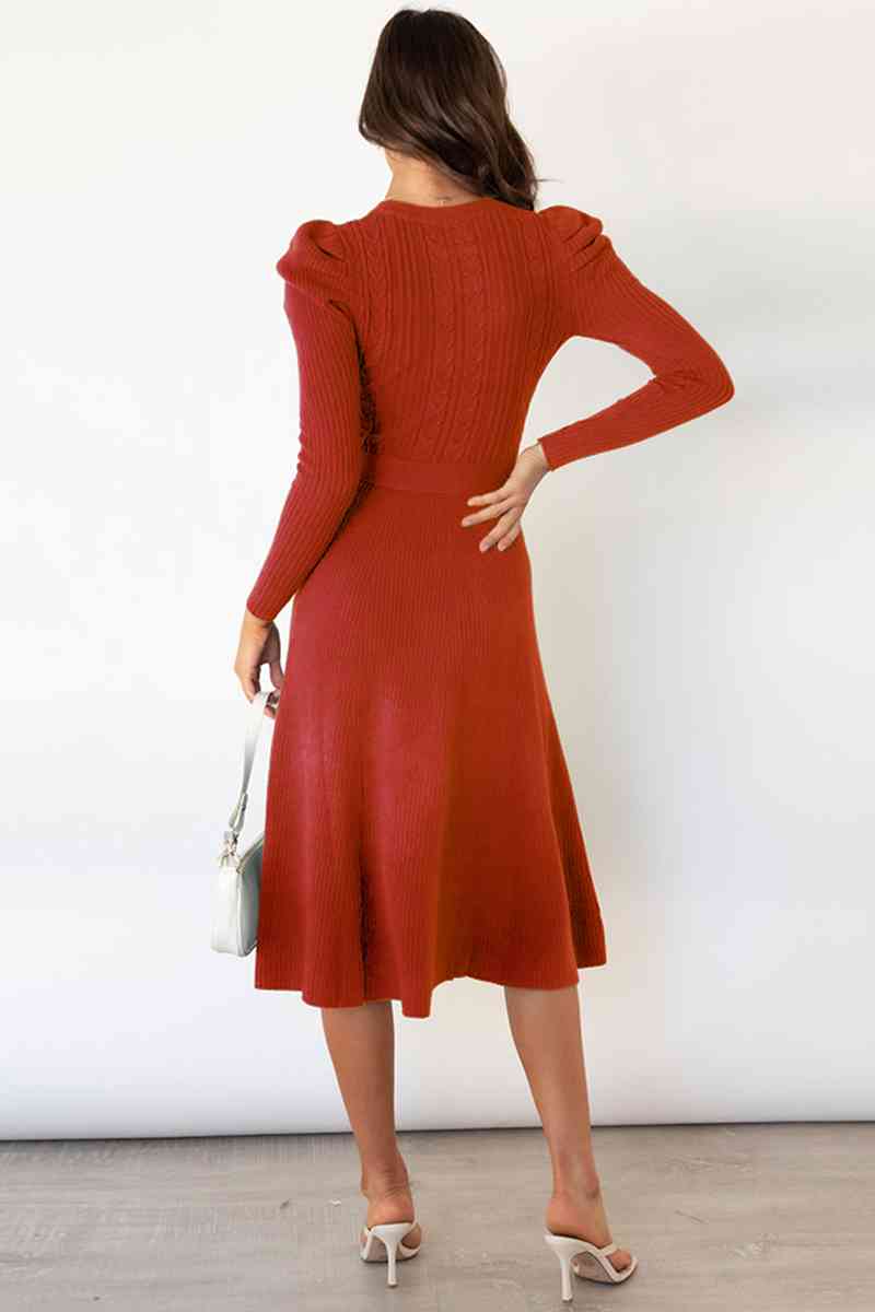 WW | Rundhalsausschnitt Langarm Knoten Taille Pullover Kleid