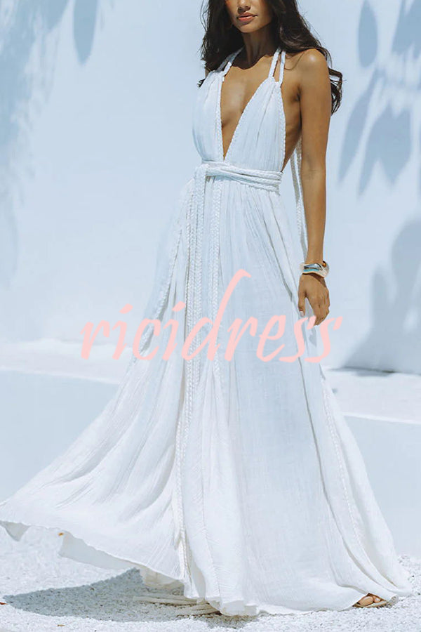 WW Whispers – Drapiertes Maxikleid aus Leinenmischung mit tiefem V-Ausschnitt, Neckholder und rückenfreiem Überzug