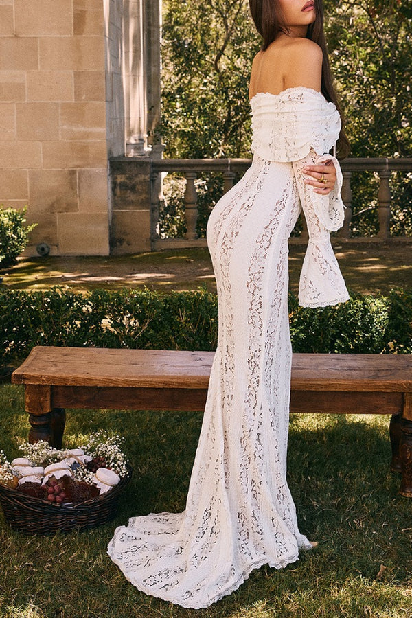 WW | Blumen Spitze Off Shoulder Flare Ärmel Fishtail Maxi Kleider - Weiß