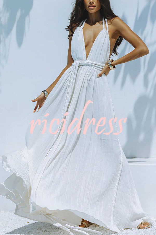 WW Whispers – Drapiertes Maxikleid aus Leinenmischung mit tiefem V-Ausschnitt, Neckholder und rückenfreiem Überzug