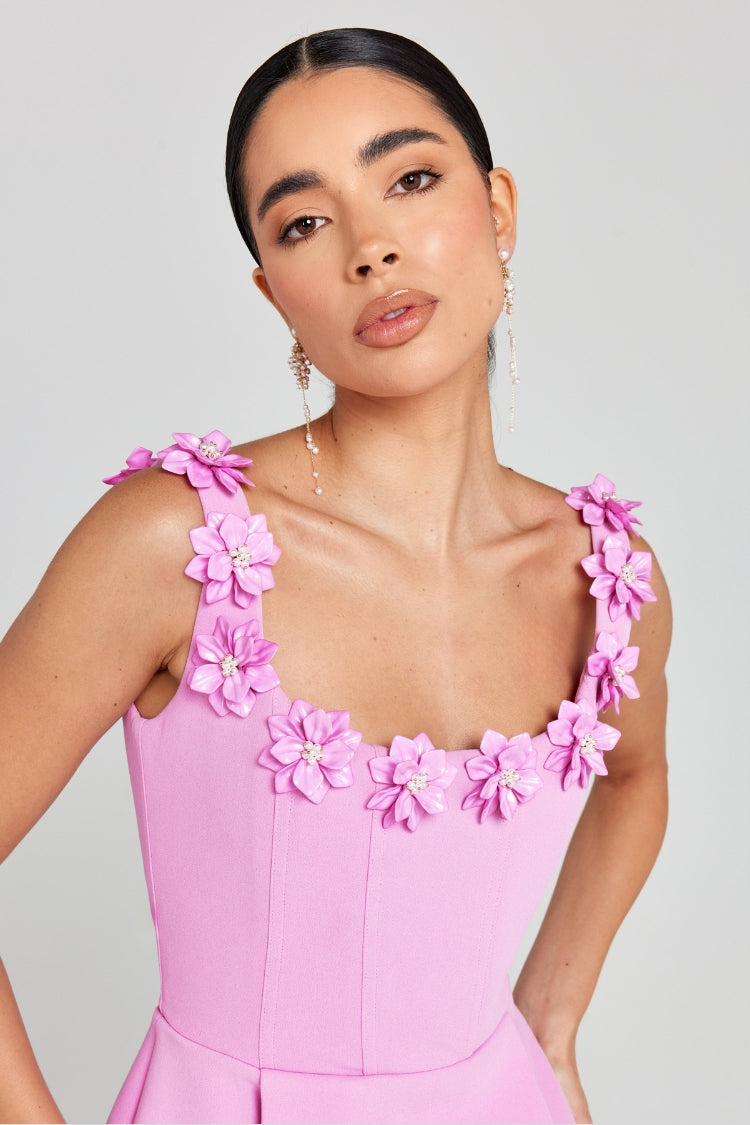 WW | Cindy Kunstperle Blumen Applikation Quadrat Ausschnitt Taschen Mini Kleid