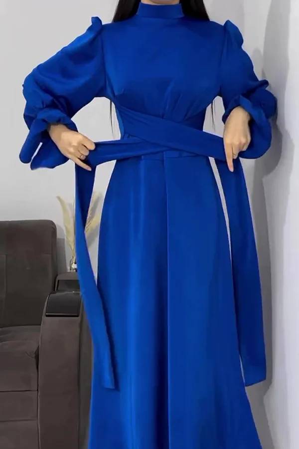 WW | Einfarbiger Rüschensleeve Taillierter Krawatten Slim Fit Maxikleid