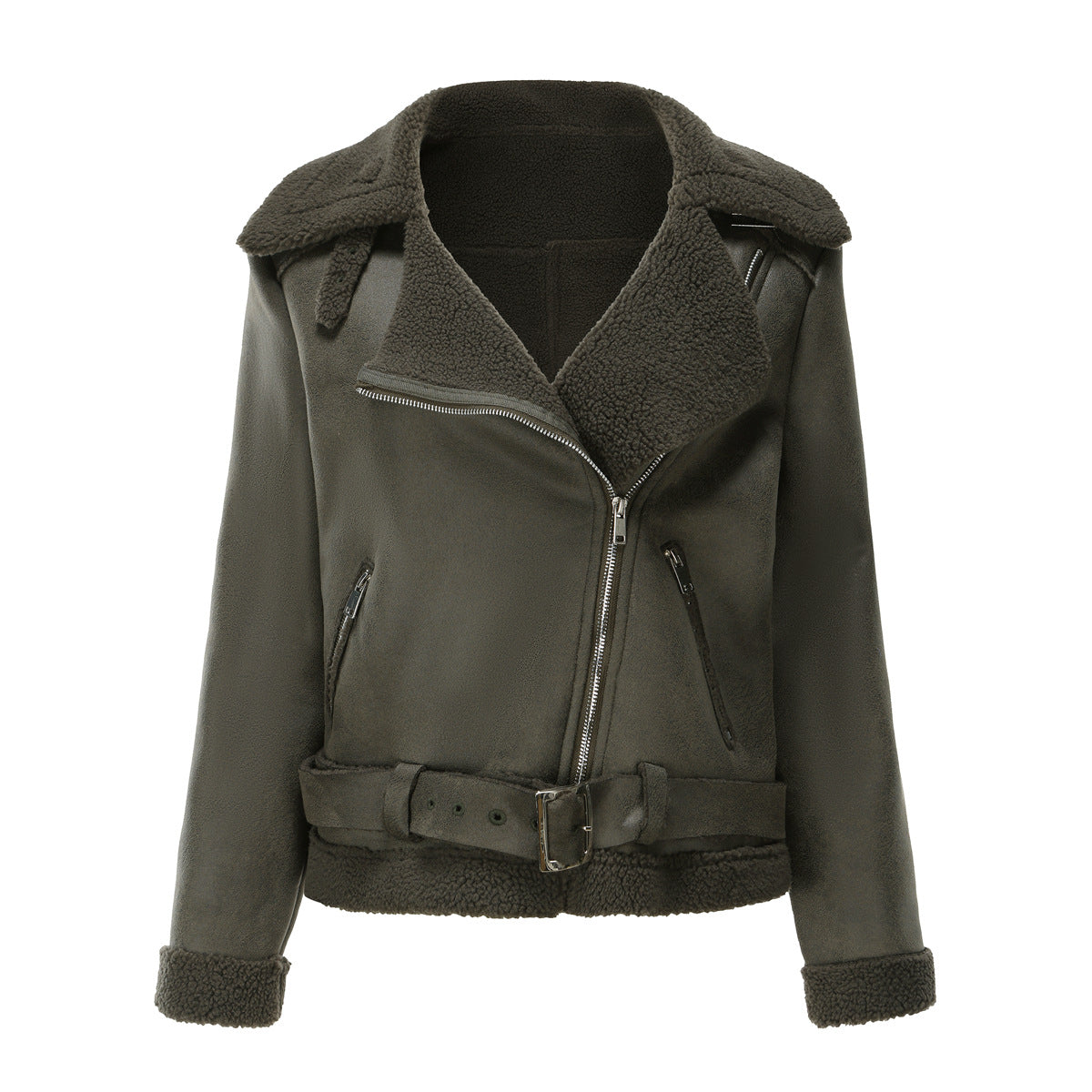 WW | Winterjacke aus Kunstwildleder mit Fell und Gürtel
