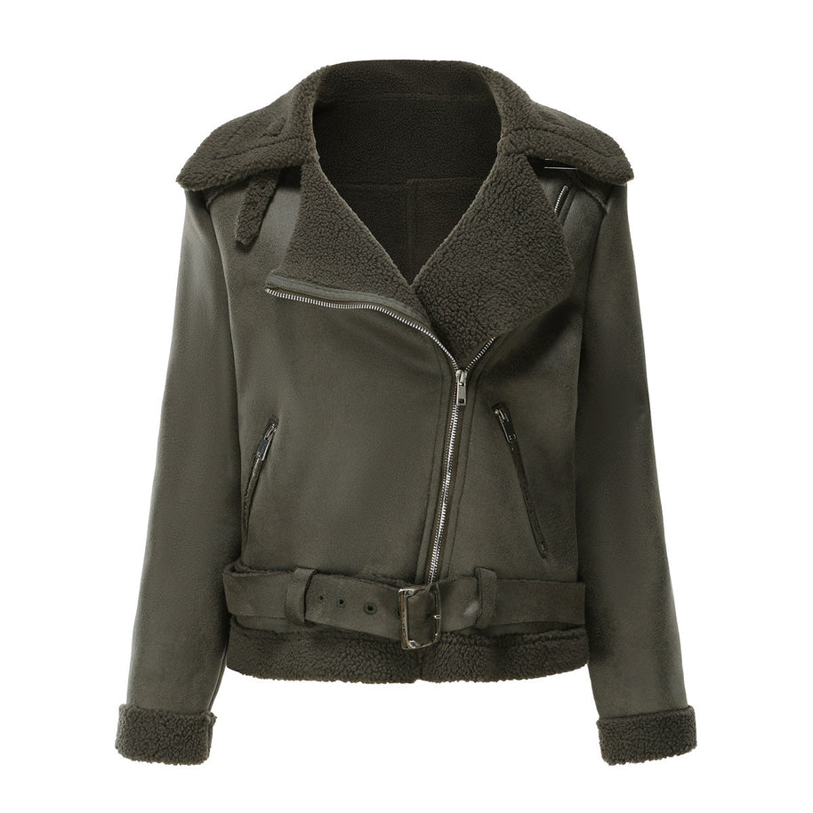 WW | Winterjacke aus Kunstwildleder mit Fell und Gürtel
