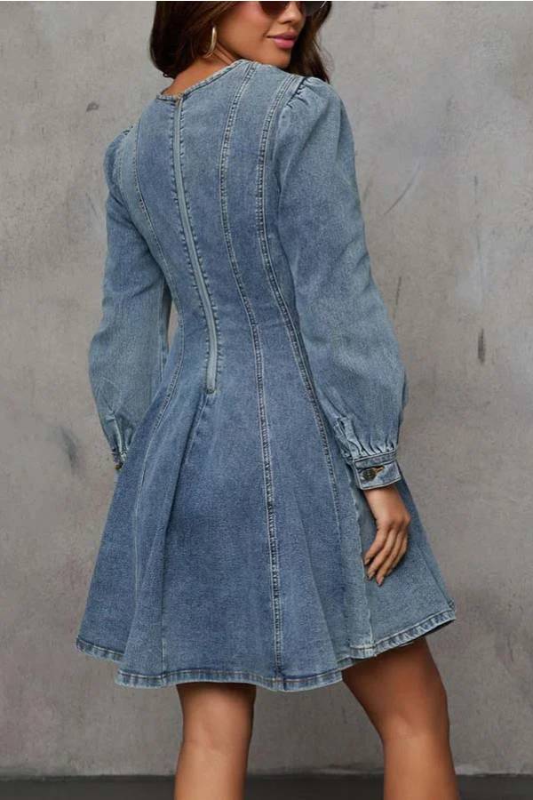 WW | Fade Into You Denim Prinzessinnenlinie Rückenreißverschluss Flare Stretch Mini Kleid