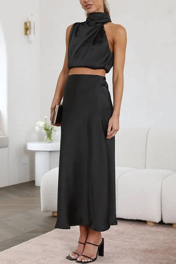 WW | Solch Eine Stimmung Hochgeschlossene Satin Drapiert Maxirock Set