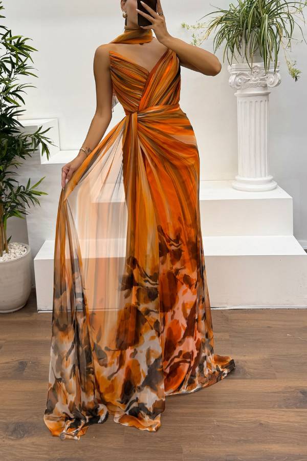 WW | In A Dreamland Chiffon Floral Print Off Shoulder Pleated Scarf Slit Maxi Kleid