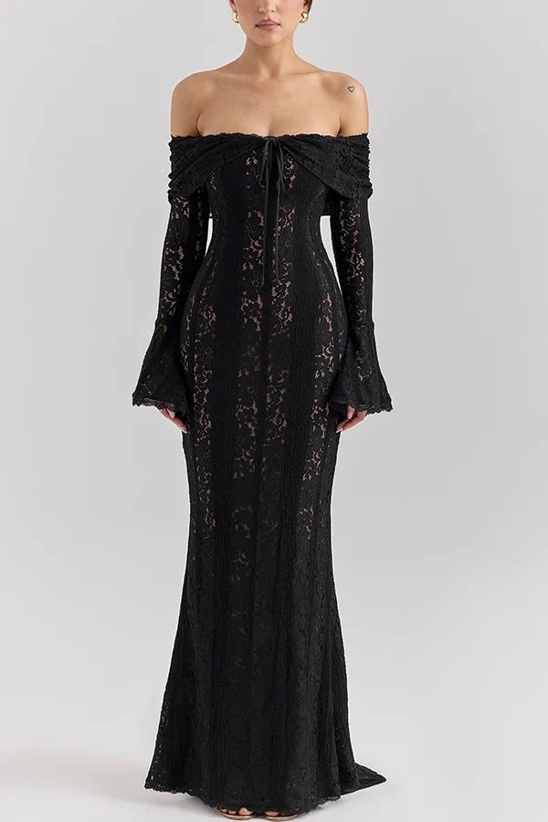 WW | Blumen Spitze Off Shoulder Flare Ärmel Fishtail Maxi Kleider - Weiß