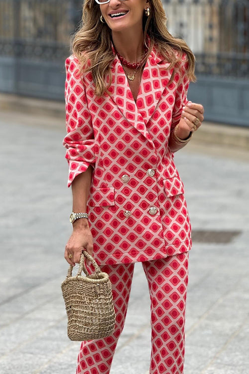WW | Rosiedress Geometrischer Druck Revers Doppelt Knopf Blazer und Flare-Hosen Set