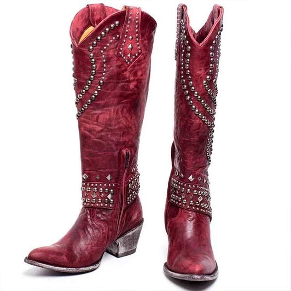 WW - Hohe Stiefel Mit Metallnieten Und Kobigem Absatz