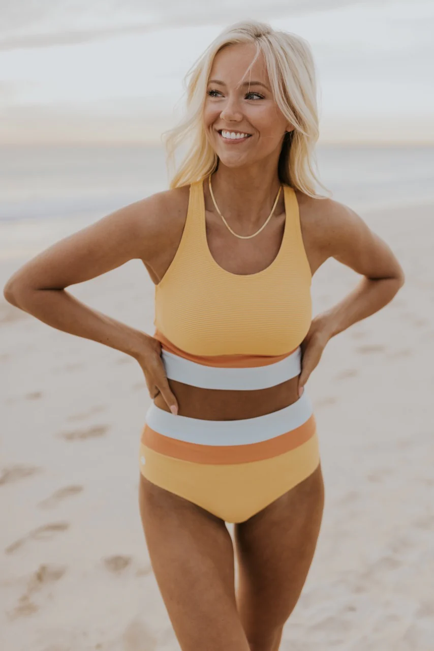 WW | High Waist Colorblock Marine Cut Back Crop Bikini Set
