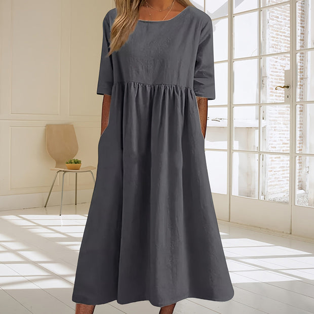 WW | lässiges, lockeres Sommerkleid aus Baumwolle und Leinen mit Rundhalsausschnitt
