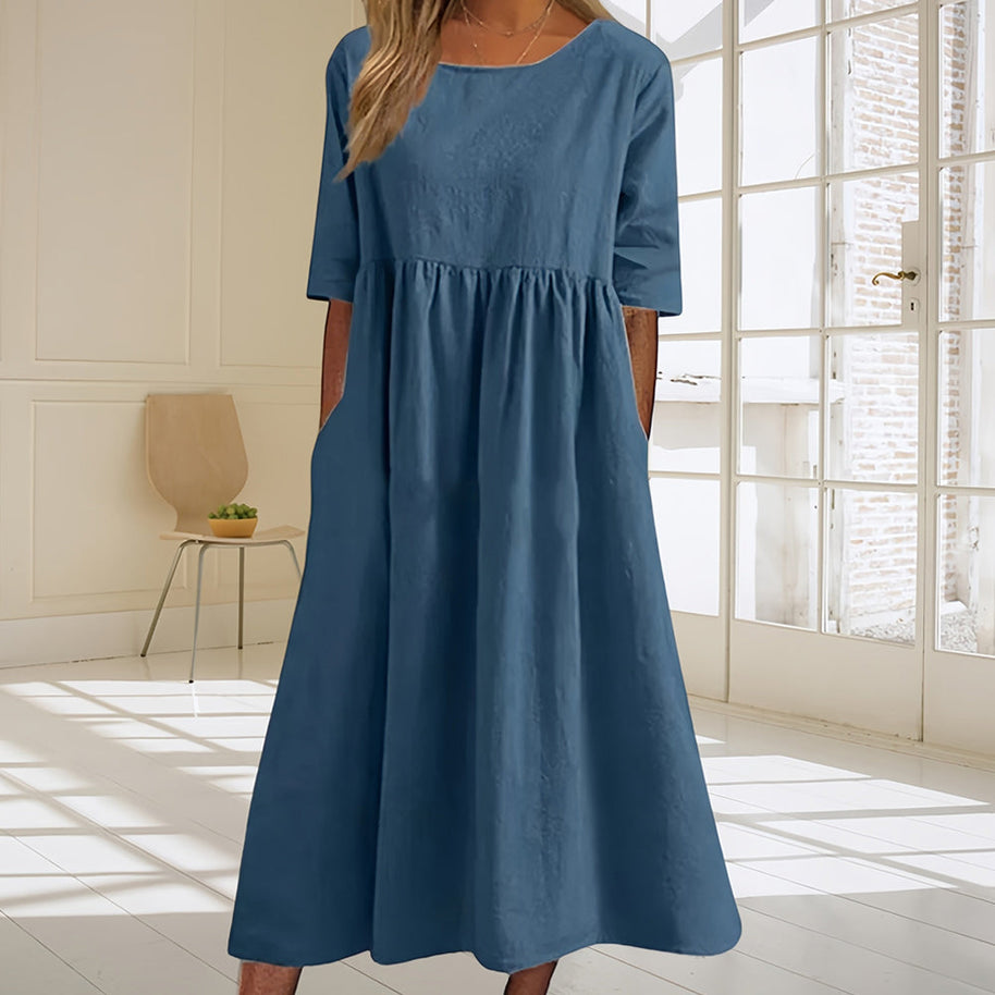 WW | lässiges, lockeres Sommerkleid aus Baumwolle und Leinen mit Rundhalsausschnitt