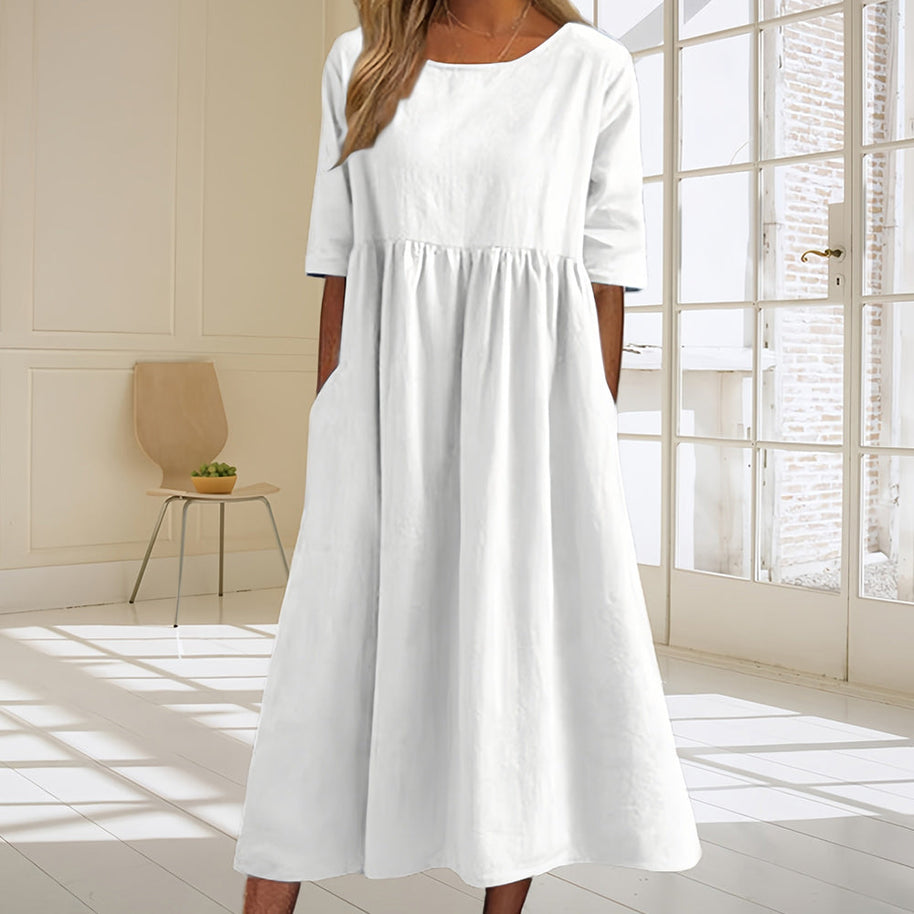 WW | lässiges, lockeres Sommerkleid aus Baumwolle und Leinen mit Rundhalsausschnitt