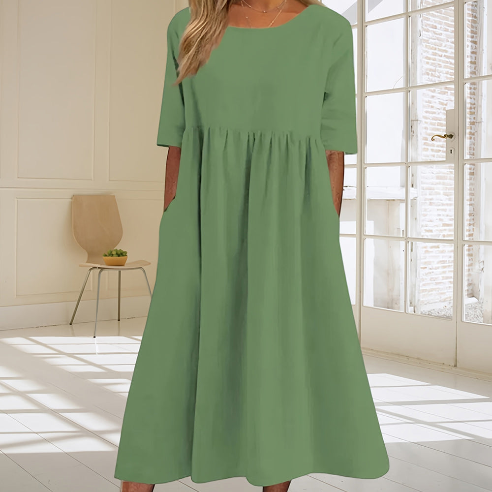 WW | lässiges, lockeres Sommerkleid aus Baumwolle und Leinen mit Rundhalsausschnitt