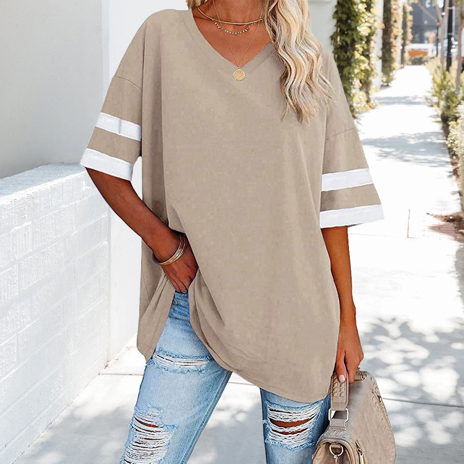 WW | Kontrastfarbenes, lockeres Damen-T-Shirt mit V-Ausschnitt