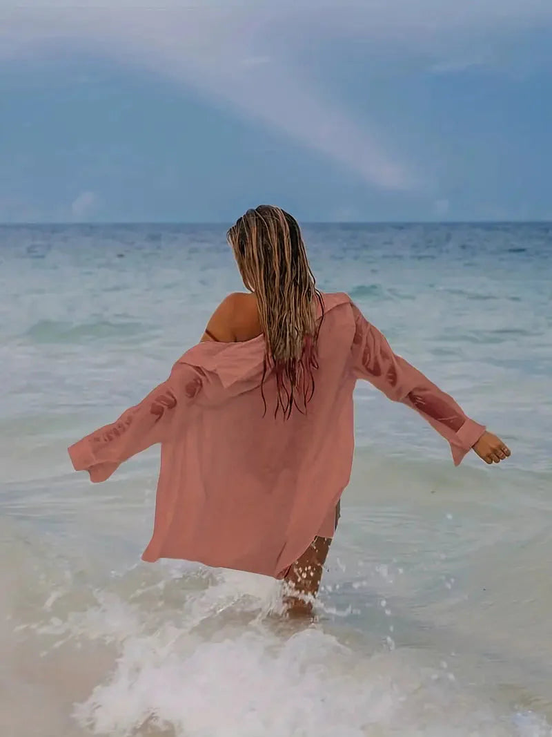 WW | Cover-Up Halbtransparent Langärmelig Leinenhemd Bikini-Bedeckung