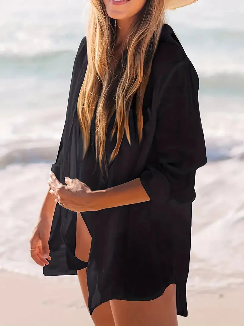 WW | Cover-Up Halbtransparent Langärmelig Leinenhemd Bikini-Bedeckung