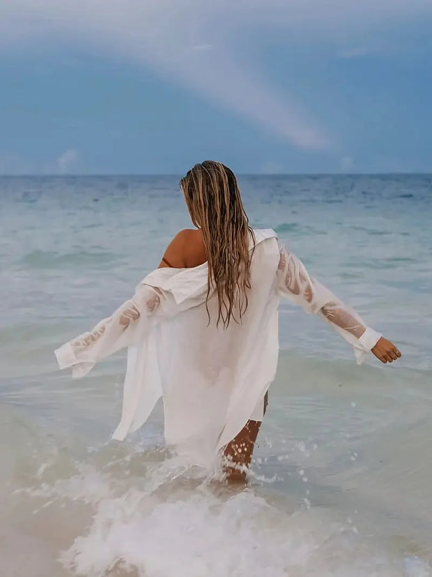 WW | Cover-Up Halbtransparent Langärmelig Leinenhemd Bikini-Bedeckung