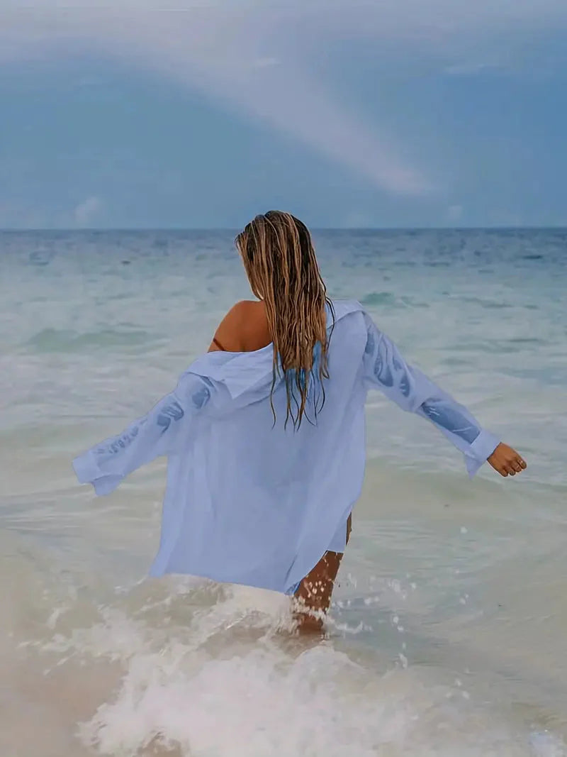 WW | Cover-Up Halbtransparent Langärmelig Leinenhemd Bikini-Bedeckung
