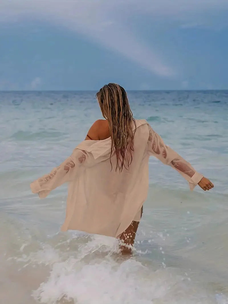 WW | Cover-Up Halbtransparent Langärmelig Leinenhemd Bikini-Bedeckung