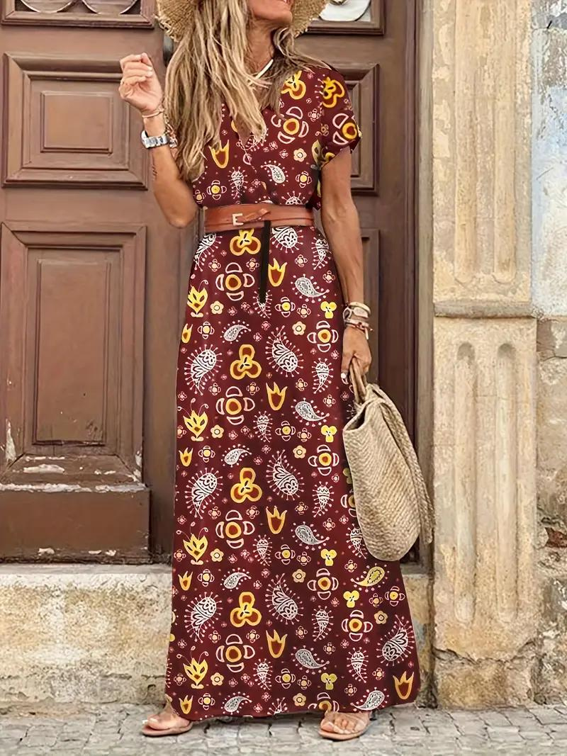 WW | Kleid, kurzärmlig, Gürtel, Maxikleid, Sommerkleid