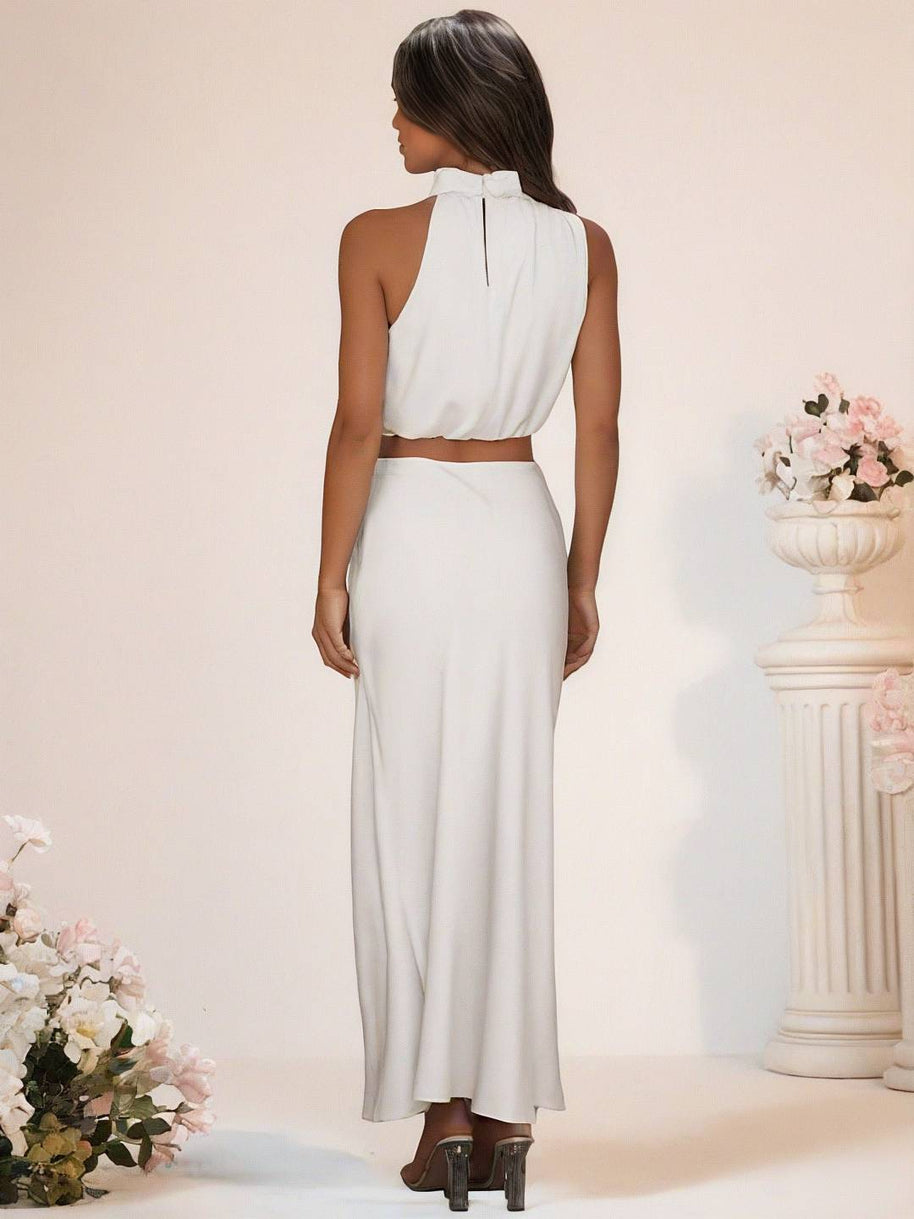WW | Brautjungfernkleid Satin Rollkragen Ohne Ärmel Cropped Langer Rock Damen Elegant Trauzeugin Kleid
