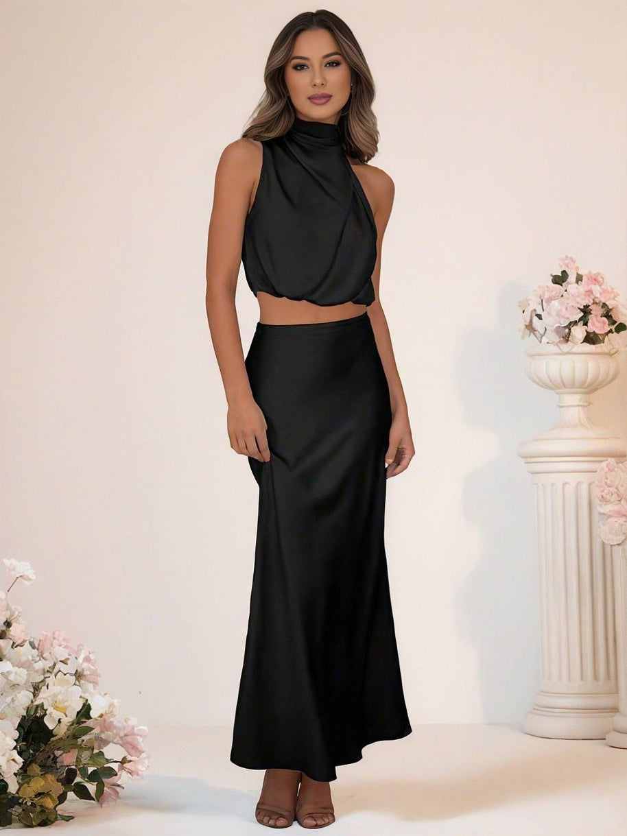 WW | Brautjungfernkleid Satin Rollkragen Ohne Ärmel Cropped Langer Rock Damen Elegant Trauzeugin Kleid