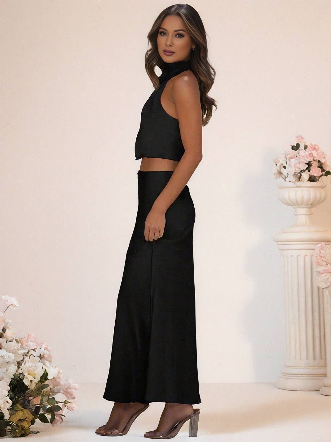 WW | Brautjungfernkleid Satin Rollkragen Ohne Ärmel Cropped Langer Rock Damen Elegant Trauzeugin Kleid
