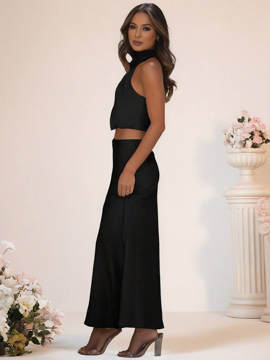 WW | Brautjungfernkleid Satin Rollkragen Ohne Ärmel Cropped Langer Rock Damen Elegant Trauzeugin Kleid
