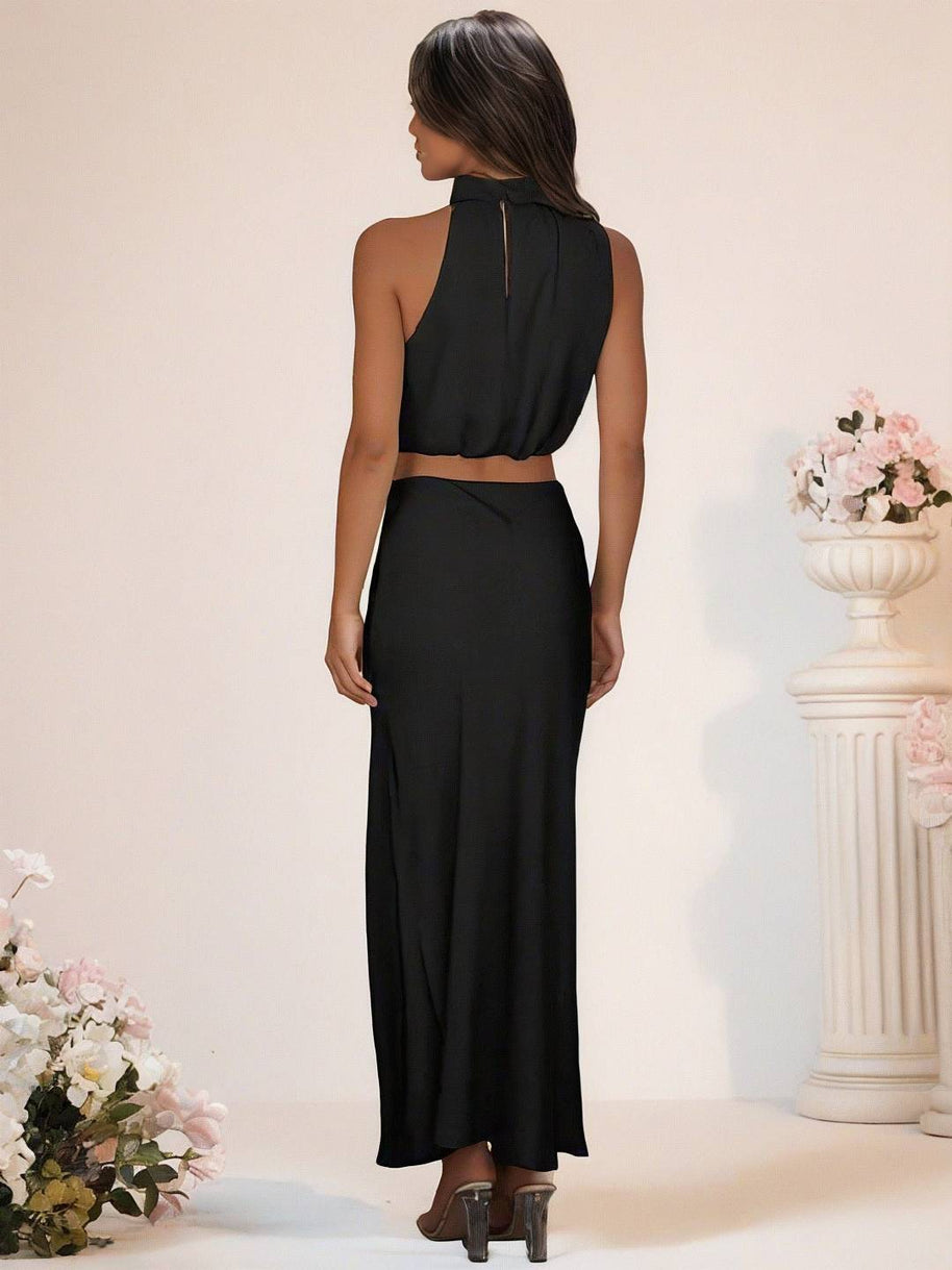 WW | Brautjungfernkleid Satin Rollkragen Ohne Ärmel Cropped Langer Rock Damen Elegant Trauzeugin Kleid