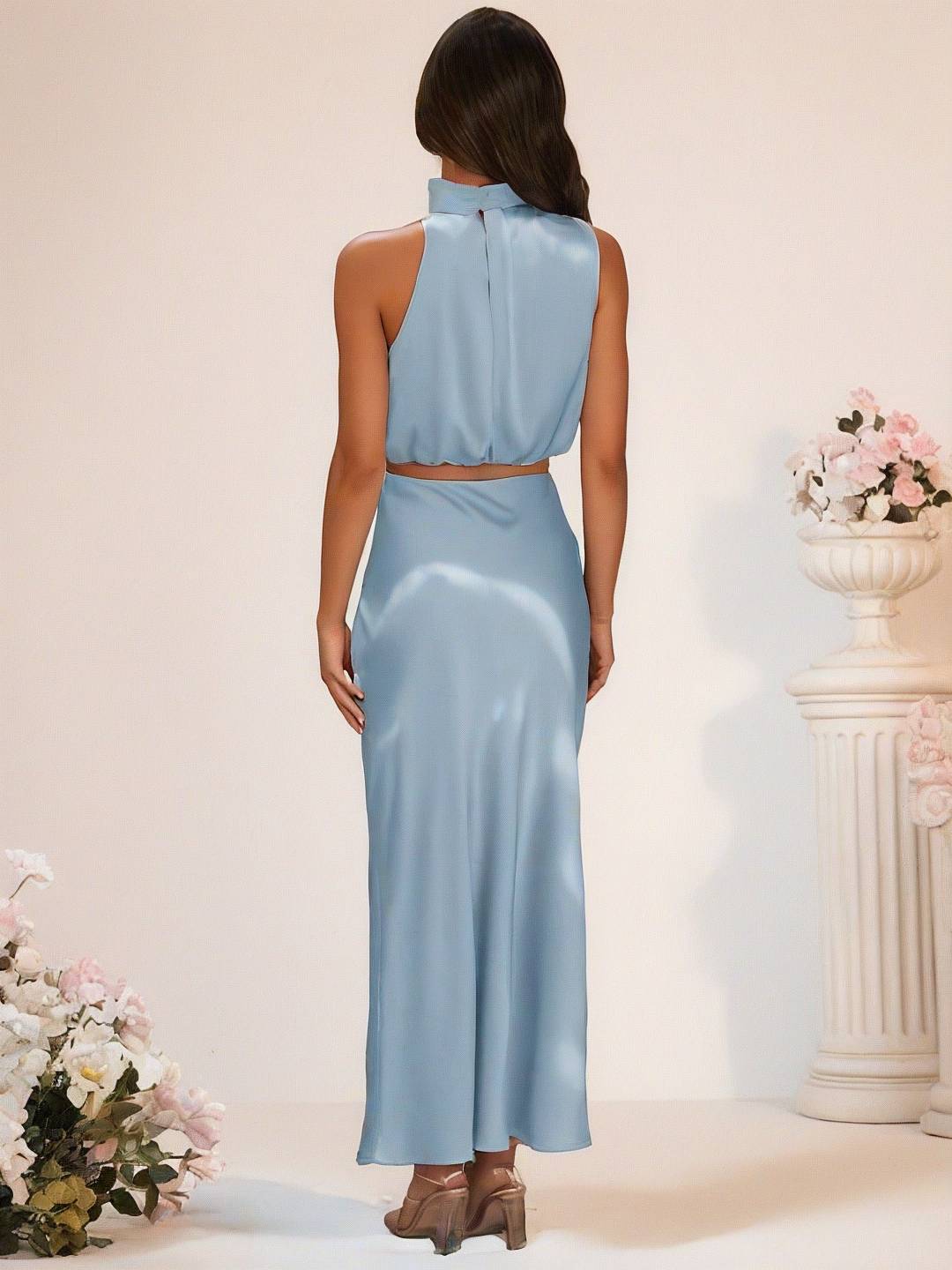 WW | Brautjungfernkleid Satin Rollkragen Ohne Ärmel Cropped Langer Rock Damen Elegant Trauzeugin Kleid