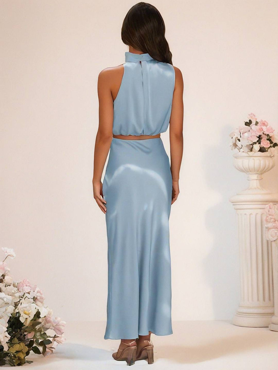 WW | Brautjungfernkleid Satin Rollkragen Ohne Ärmel Cropped Langer Rock Damen Elegant Trauzeugin Kleid