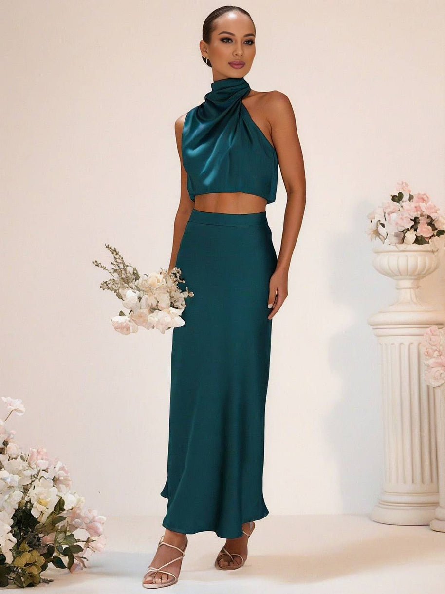 WW | Brautjungfernkleid Satin Rollkragen Ohne Ärmel Cropped Langer Rock Damen Elegant Trauzeugin Kleid