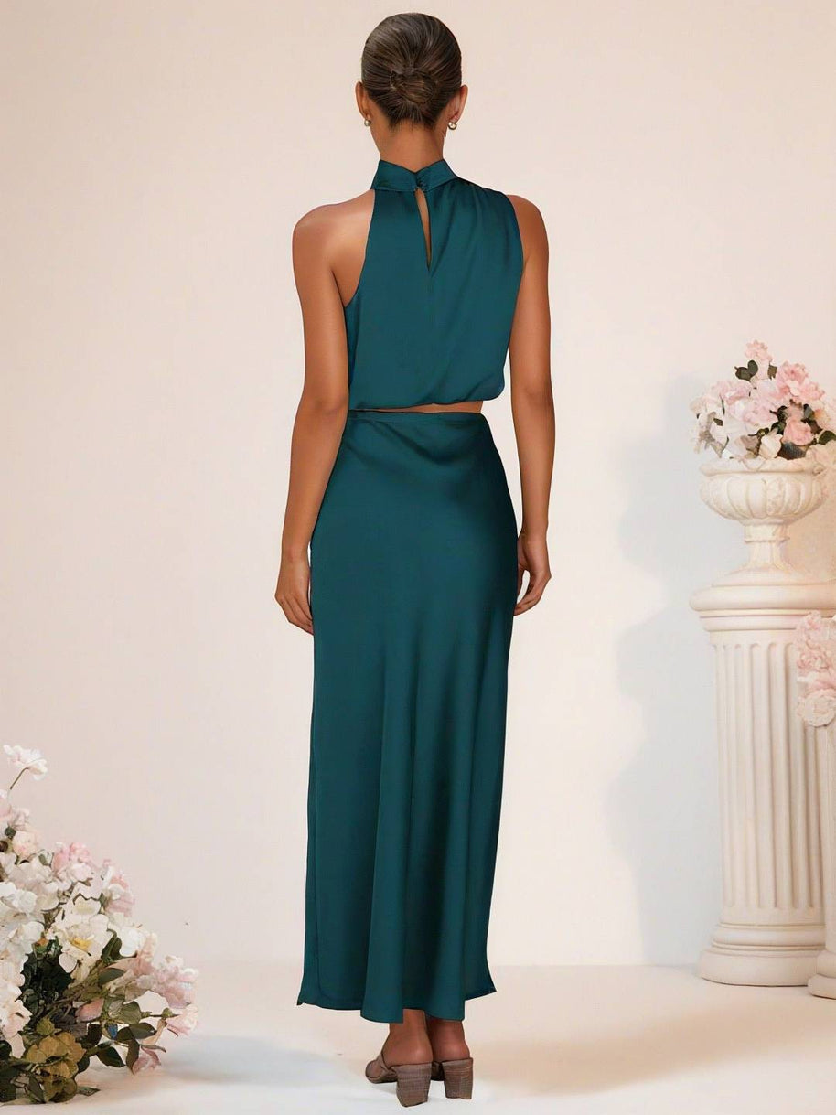 WW | Brautjungfernkleid Satin Rollkragen Ohne Ärmel Cropped Langer Rock Damen Elegant Trauzeugin Kleid