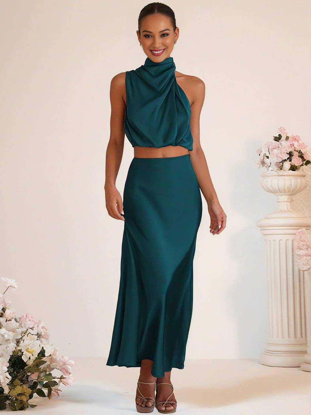 WW | Brautjungfernkleid Satin Rollkragen Ohne Ärmel Cropped Langer Rock Damen Elegant Trauzeugin Kleid