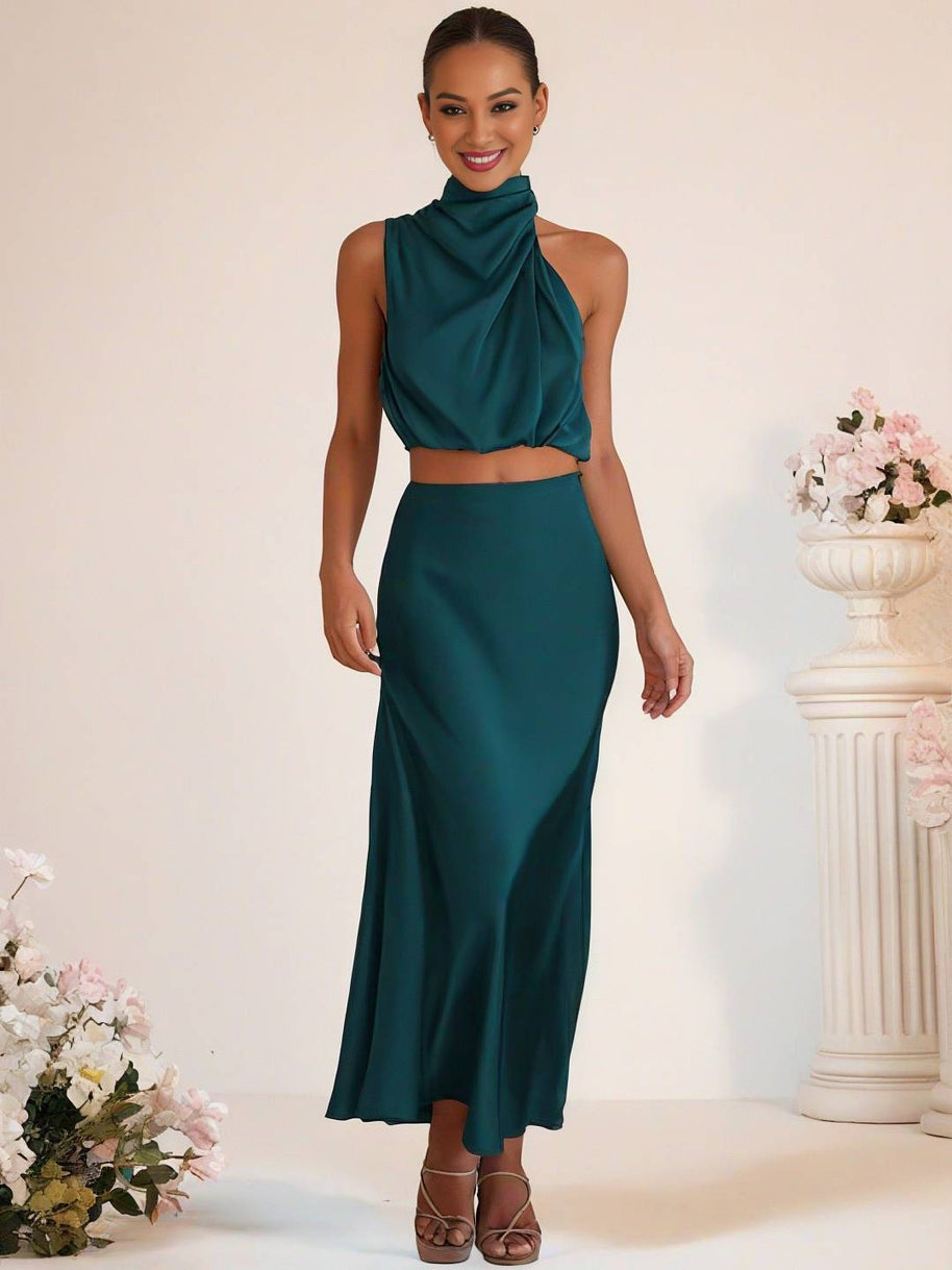 WW | Brautjungfernkleid Satin Rollkragen Ohne Ärmel Cropped Langer Rock Damen Elegant Trauzeugin Kleid