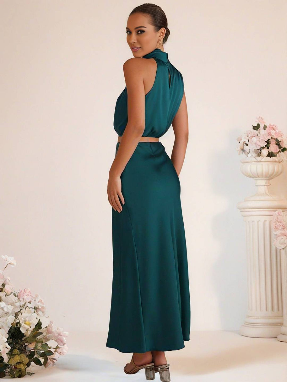 WW | Brautjungfernkleid Satin Rollkragen Ohne Ärmel Cropped Langer Rock Damen Elegant Trauzeugin Kleid