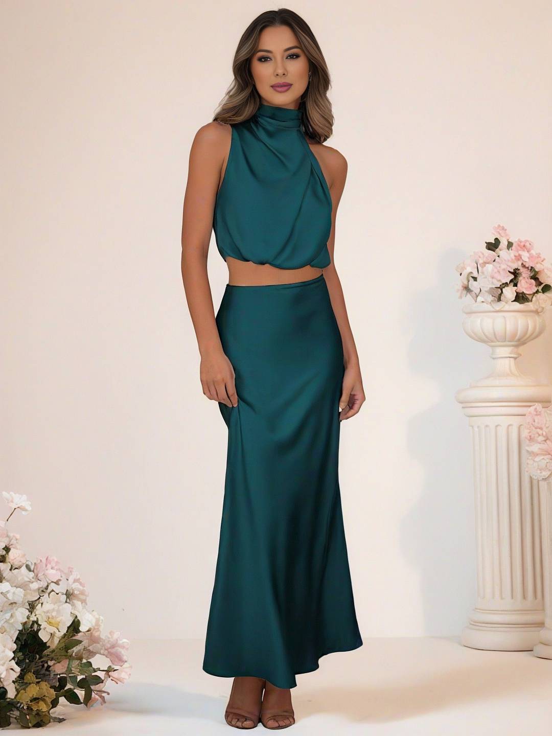 WW | Brautjungfernkleid Satin Rollkragen Ohne Ärmel Cropped Langer Rock Damen Elegant Trauzeugin Kleid